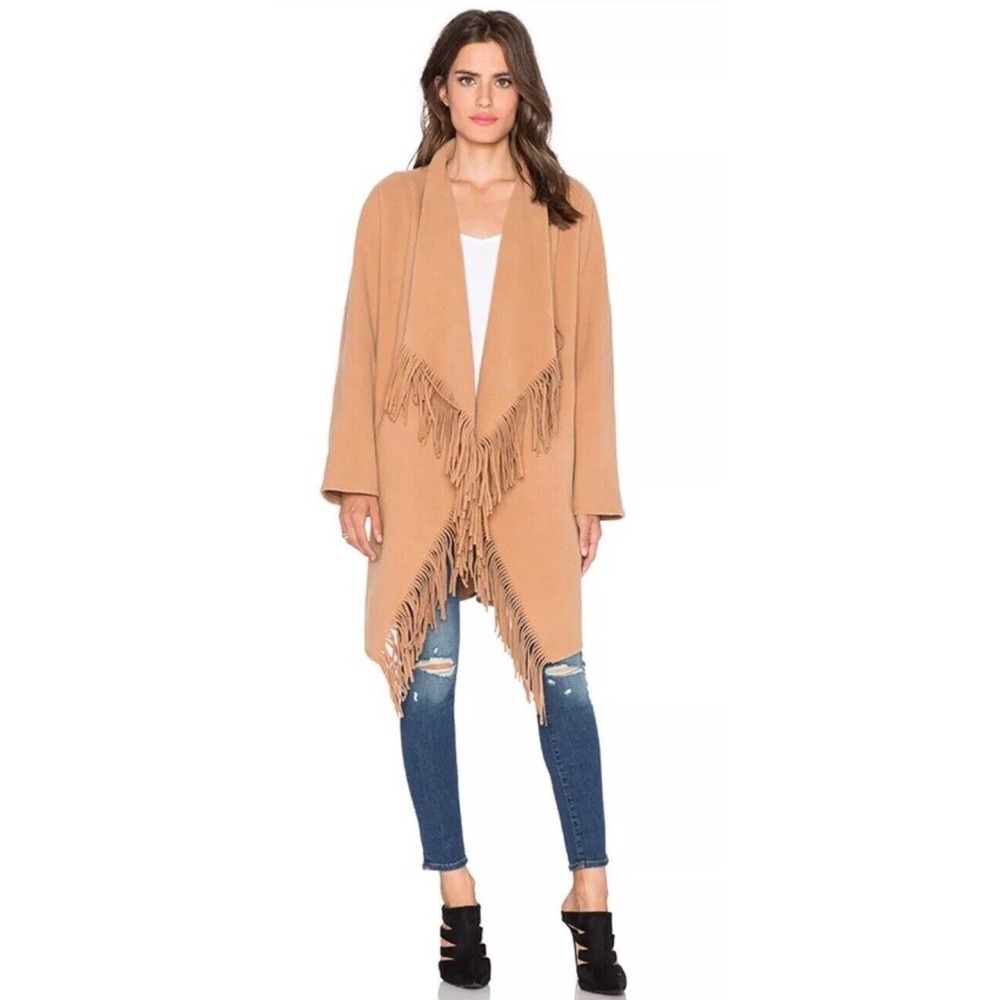 J.O.A. Los Angeles Road West Cascade Fringe Coat Camel‎ Tan Women's Size L